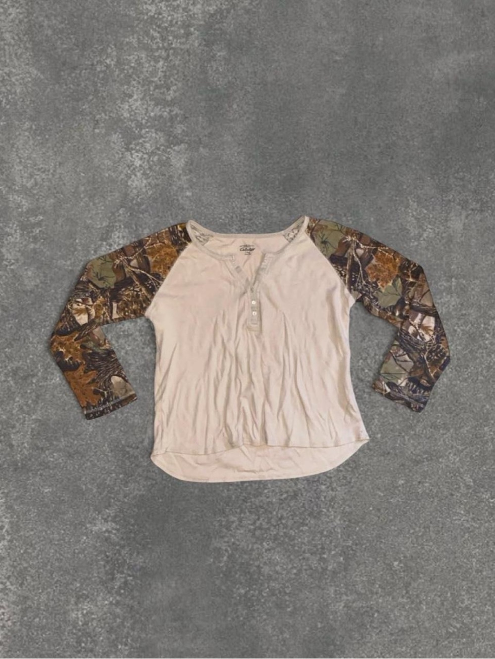 Cabela's Cream Henley with Camouflage Raglan Sleeves